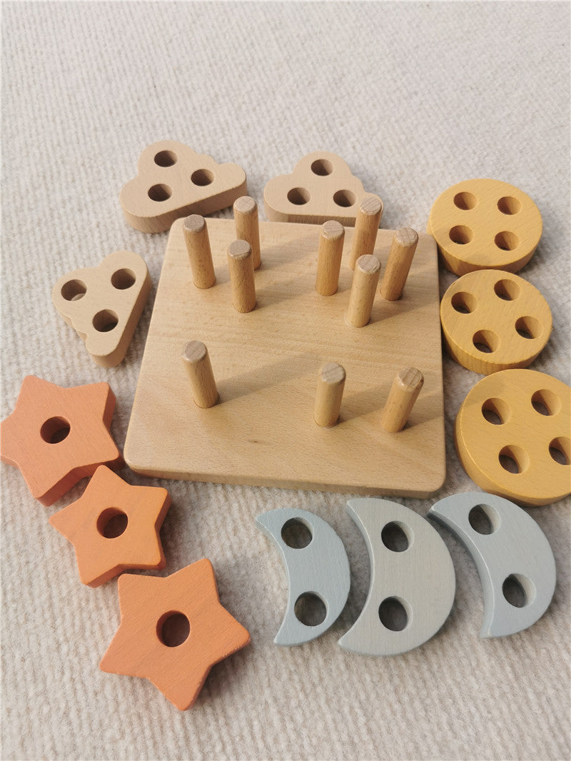 Montessori Early Learning Gears and Shapes Wooden Stacking Blocks - 4 Piece Set