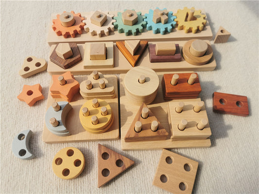 Montessori Early Learning Gears and Shapes Wooden Stacking Blocks - 4 Piece Set