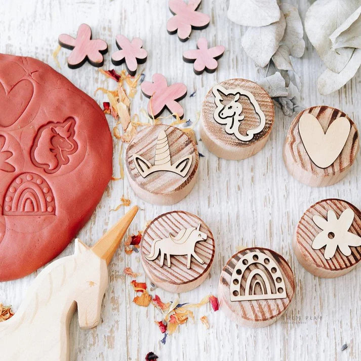 Wooden Play Dough Kit with 6 UNICORN Stamps